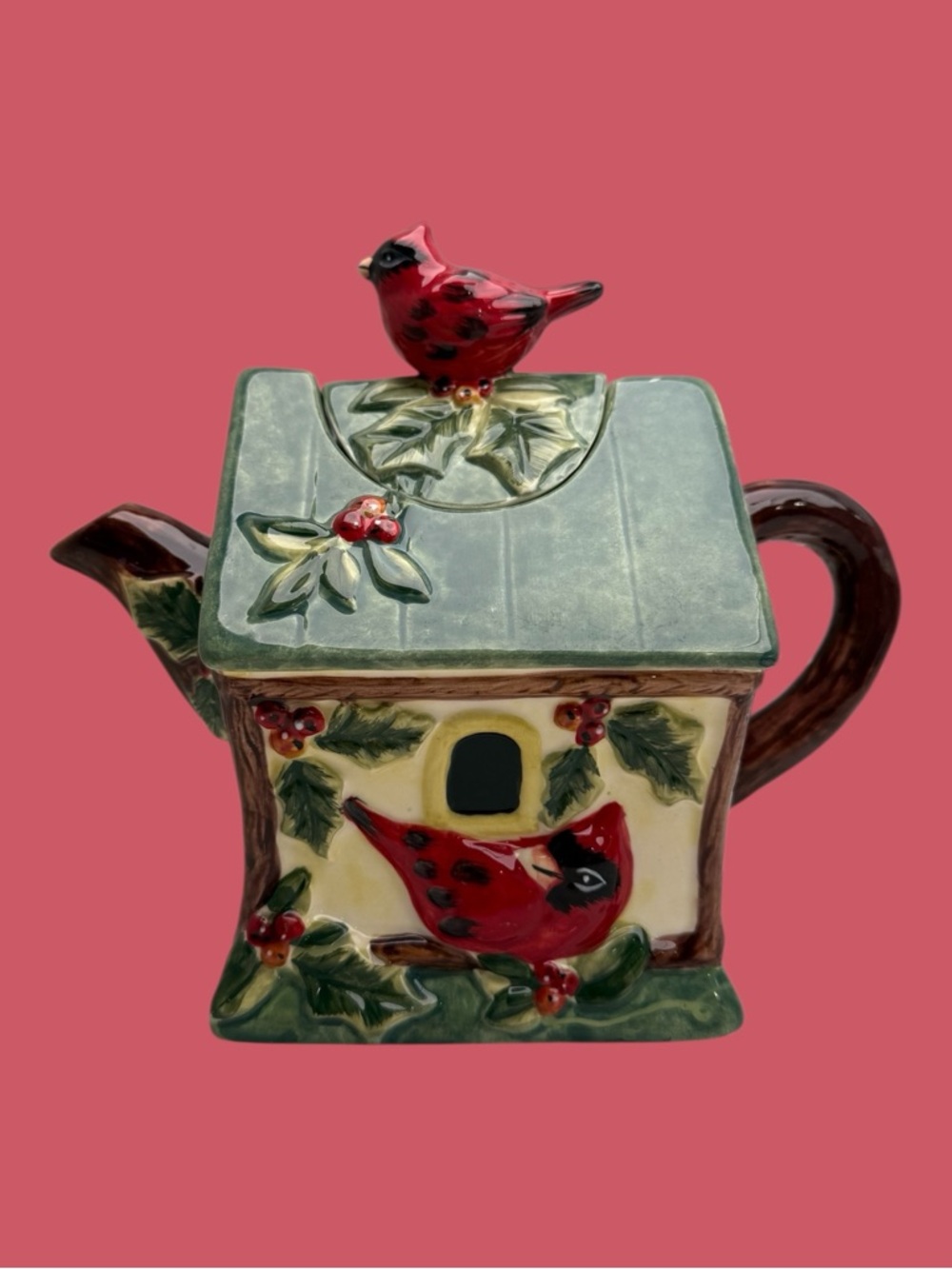 Susan Winget Winter Wonder Red Cardinal Birdhouse Teapot Ceramic